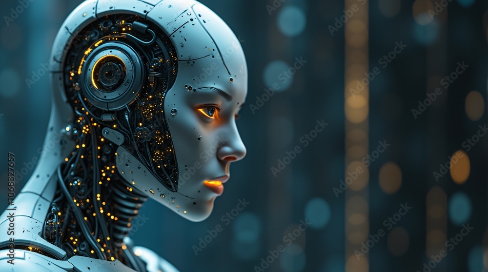 Poster close-up of a humanoid robot with glowing orange circuits and intricate mechanical parts on a dark b