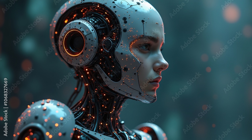 Poster close-up of a humanoid female robot with illuminated circuits and detailed mechanical components on 