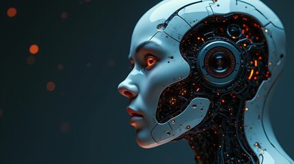Close-up of a humanoid robot face with glowing orange circuits and intricate mechanical elements against a dark background. Futuristic and cyberpunk AI concept for digital artwork and design.