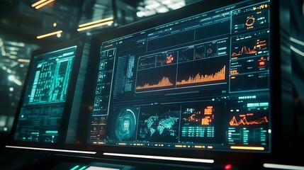 Obraz premium Futuristic Computer Monitors Displaying Data and Graphs