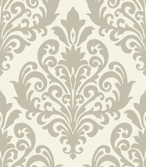 Fototapeta premium Beige damask floral pattern on a light cream background with symmetrical ornamental design. Damask seamless pattern.