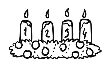 Hand drawn Advent wreath with candles. German Christmas tradition. Celebrating the advent season.