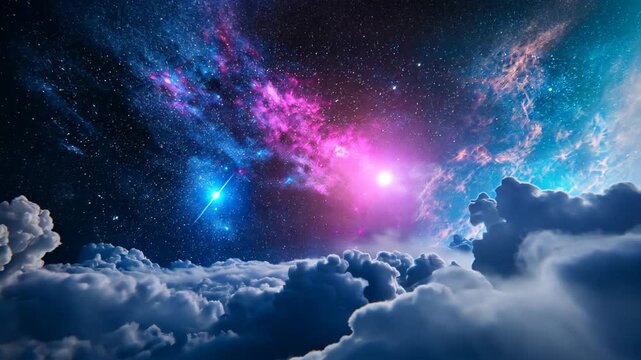 deep space with planet star light glowing at horizon and cosmic cloud floating around	
