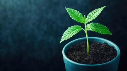 A young green plant sprouts from soil in a blue pot, symbolizing growth and renewal against a dark, blurred background.