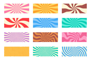 Swirl Pattern Collection. Twisted Horizontal Rectangle Backgrounds Set. Abstract Colorful Candy Backdrop.