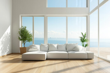 Fototapeta premium Minimalist living room with ocean view and large windows