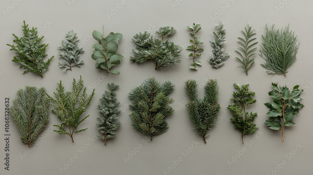 Poster flat-lay of holiday greenery arranged neatly on a soft gray background, creating a minimal nature-in