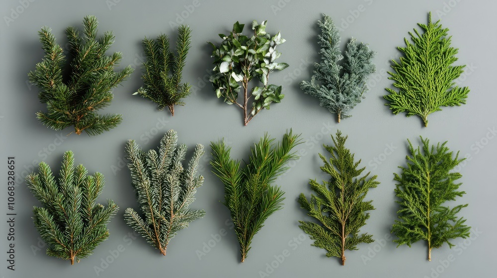 Aufkleber flat-lay of holiday greenery arranged neatly on a soft gray background, creating a minimal nature-in