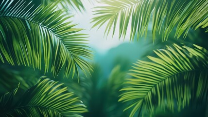 Obraz premium Lush green palm fronds create a vibrant, tropical ambiance, with soft light filtering through, evoking feelings of serenity and nature.