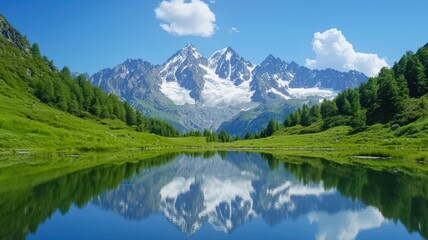 Fototapeta premium A serene landscape featuring majestic mountains with snow caps and a clear blue sky, reflecting beautifully in a calm lake surrounded by lush greenery.