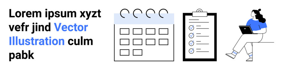Calendar, checklist with marked tasks, person working remotely on a laptop. Ideal for project management, time management, productivity tools, task tracking, remote work, business planning