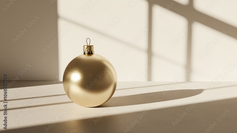 Poster single christmas ornament in matte gold on a plain surface, with soft shadows adding depth to the mi