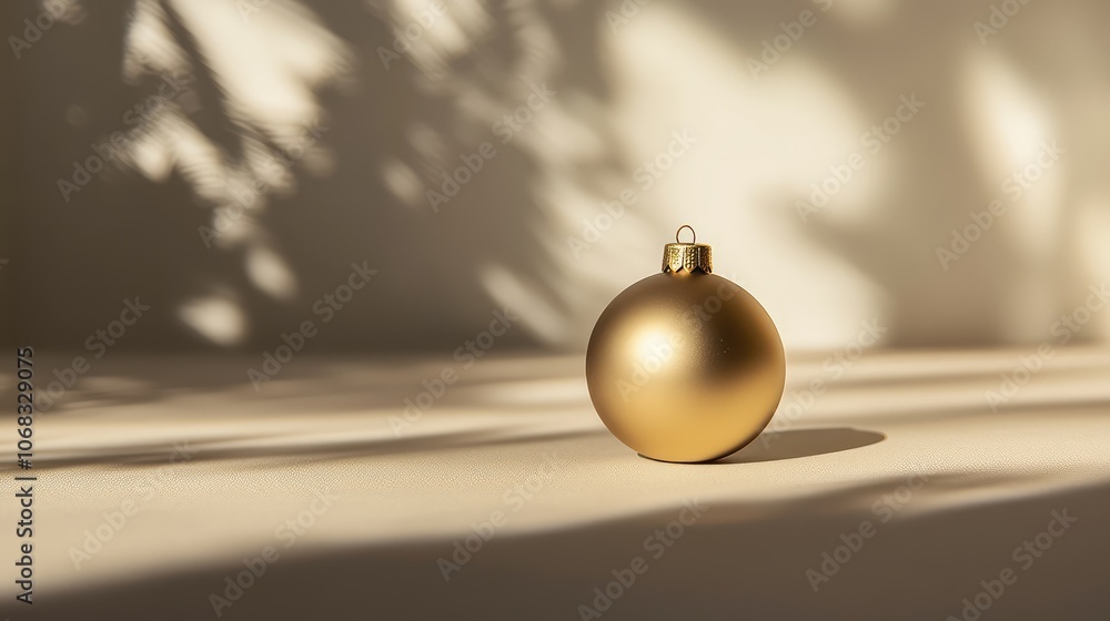 Poster single christmas ornament in matte gold on a plain surface, with soft shadows adding depth to the mi