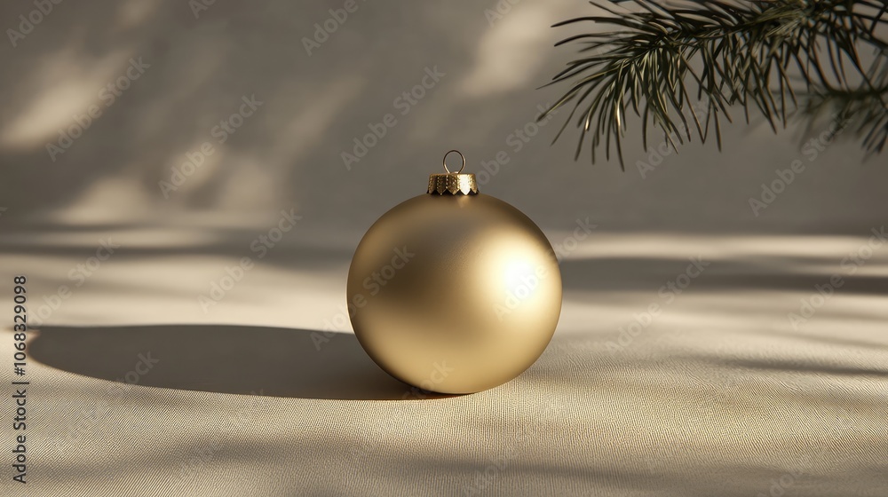 Poster single christmas ornament in matte gold on a plain surface, with soft shadows adding depth to the mi
