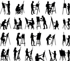 Naklejka premium Set of 22 item drawing artist silhouette vector illustration