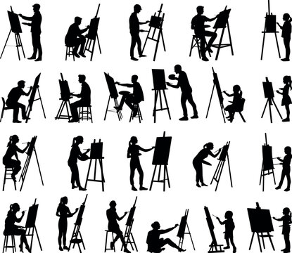 Set of 22 item drawing artist silhouette vector illustration
