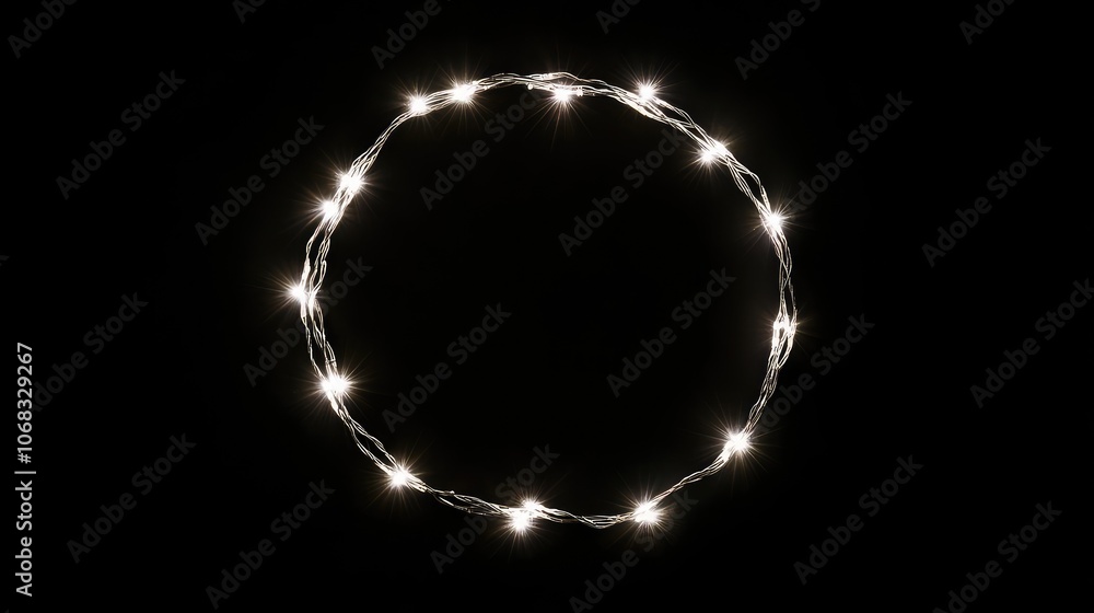 Poster single string of white fairy lights arranged in a circle on a black background, creating a minimal h