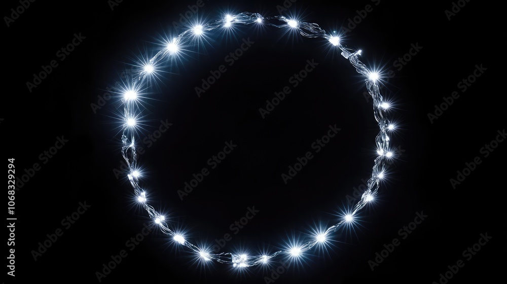 Poster single string of white fairy lights arranged in a circle on a black background, creating a minimal h