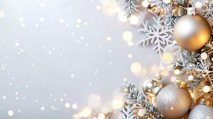 Fototapeta premium Elegant Christmas decorations featuring silver and gold ornaments, snowflakes, and twinkling lights against a soft, blurred background