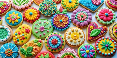 Delightful Display of Colourful Cookies Isolated on White Background for Baking Enthusiasts and Dessert Lovers, Featuring Unique Shapes and Vibrant Icing Designs