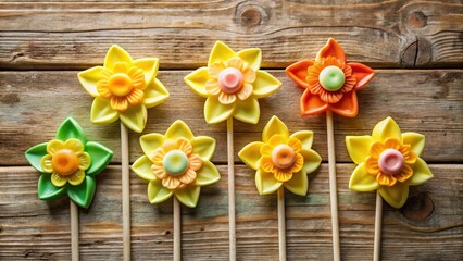 Delightful Easter Sweet Lollipops Shaped Like Daffodils on Rustic Wooden Background with Ample Copy Space for Seasonal Celebrations and Festive Greetings