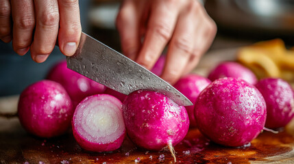 Hands slicing fresh purple radishes on wooden cutting board in kitchen