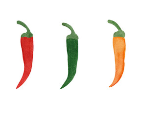 Watercolor vegetables set on white background. Hand drawn isolated fresh yellow, orange, red pepper paprika. Bell pepper.