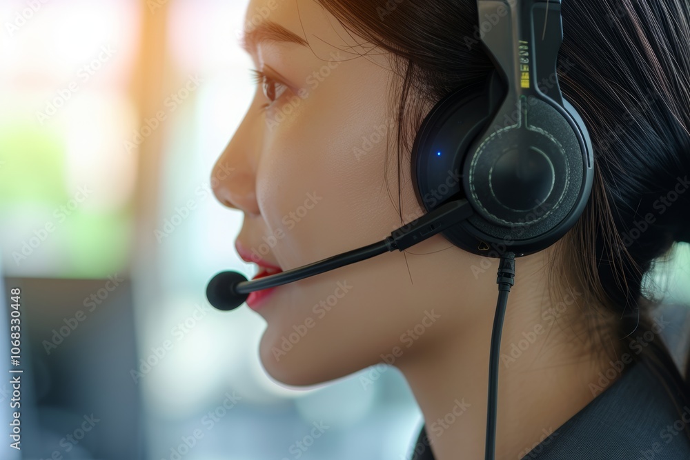 Poster telesales agent actively engaged in a call while using a wireless headset in a modern office setting