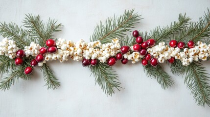 Homemade Christmas tree garland made from popcorn and cranberry strings, draped across a simple, natural fir branch.
