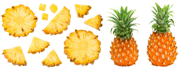 sliced baby pineapple isolated on white background. exotic fruit. clipping path