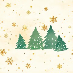 Watercolor Christmas Tree with Golden Snowflakes