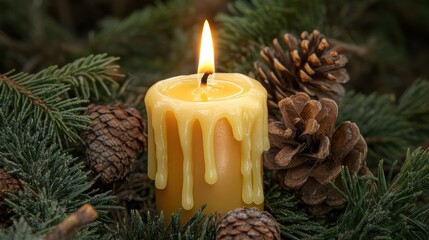 Close-up of a single Christmas candle with melted wax dripping, nestled among rustic pinecones and evergreen branches.