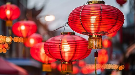 Red Chinese lanterns hanging in a row, glowing brightly against a blurry background.