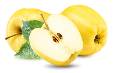 half of yellow apple with green leaves isolated on white background. clipping path