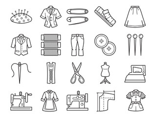 Atelier Icons Set in Line Style. Equipment for sewing collection. Needle, suit, Skirt, Thread, Scissors, Trousers, buttons, sewing machine, pins, sewing tools. Vector illustration