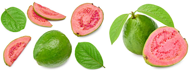 guava with slice and green leaves isolated on white background. clipping path
