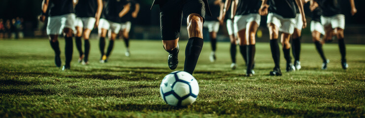 A businessman kicks a soccer ball on a sports field, with a group cheering behind him, capturing the essence of leadership and team spirit.