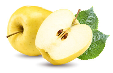 half of yellow apple with green leaves isolated on white background. clipping path