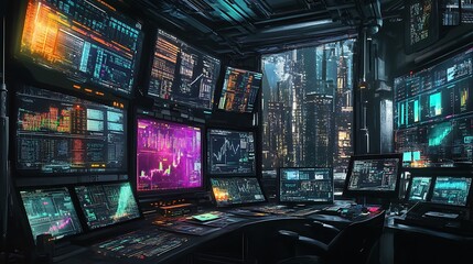 Obraz premium Futuristic Control Room with Multiple Monitors Displaying Data and a Cityscape View