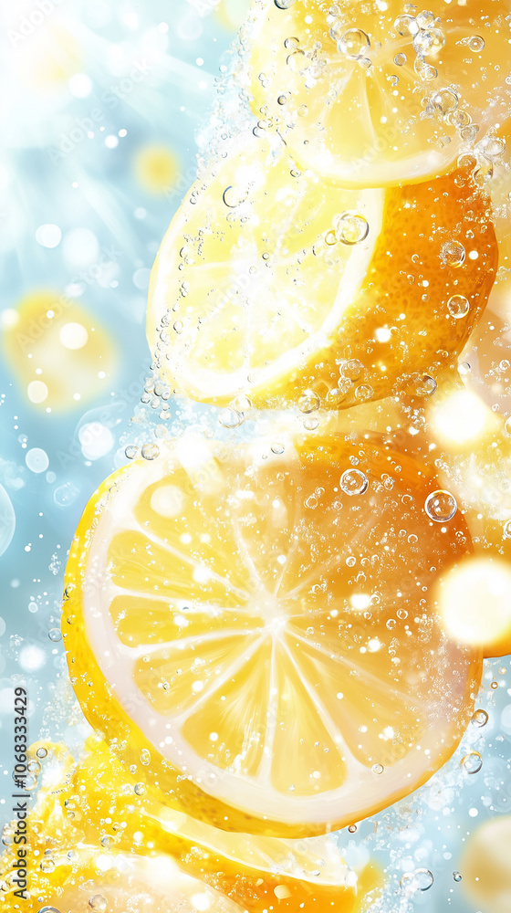 Poster lemon slices drop into sparkling water, creating bubbles and capturing sunlight in a refreshing summ