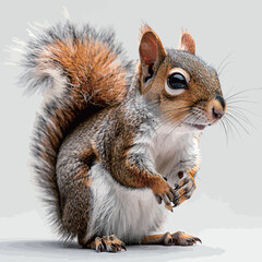 Obraz premium Eurasian grey squirrel standing on gray background, front view. 