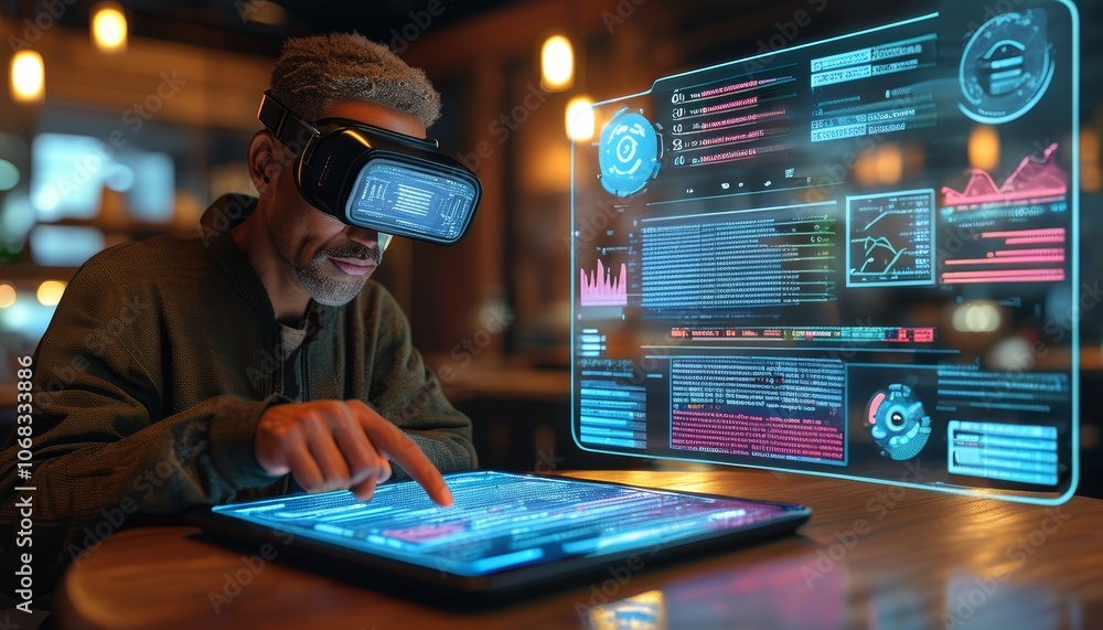 Aufkleber person interacting with holographic display using virtual reality headset in a modern workspace at n