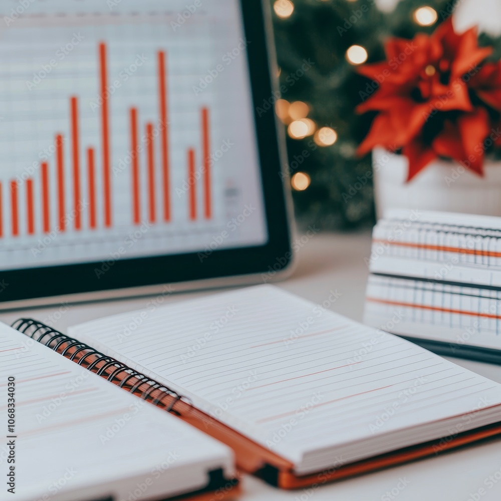 Poster a clean workspace featuring a tablet displaying a bar graph, an open notebook, and festive decoratio