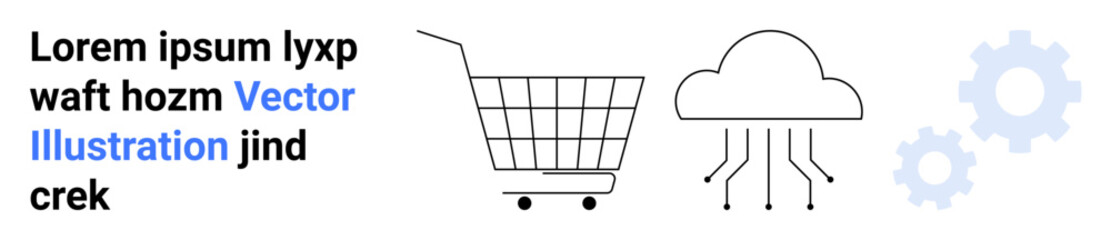 Shopping cart, cloud with circuits, and gears beside placeholder text. Ideal for e-commerce, technology, digital marketing, cloud services, innovation, online shopping, IT solutions. Banner