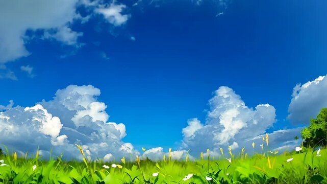 A field of green grass and white flowers on a sunny day with a clear blue sky and fluffy white clouds