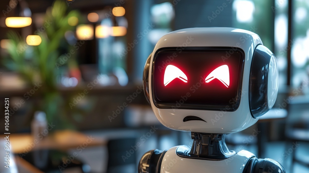 Poster humanoid robot with a customizable facial screen expressing emotions in a modern cafe setting