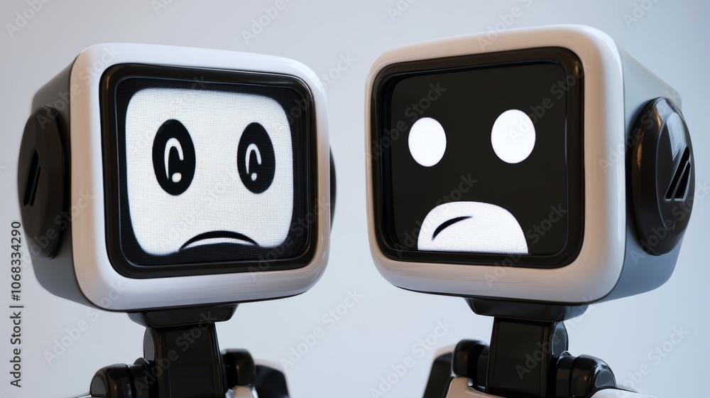 Poster humanoid robots displaying emotions through facial screens respond to human interactions in a modern