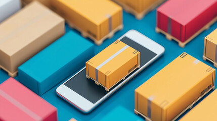 Fototapeta premium Efficient real time inventory tracking on smart devices with colorful packages. This showcases smartphone surrounded by various boxes, emphasizing modern logistics