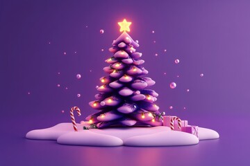 Fototapeta premium Vibrant 3D illustration of a purple Christmas tree with glowing lights and candy canes in a whimsical setting