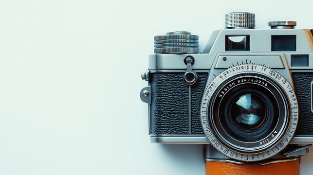  Close-up of vintage film camera with a silver and black body, capturing nostalgic essence of classic photography equipment.